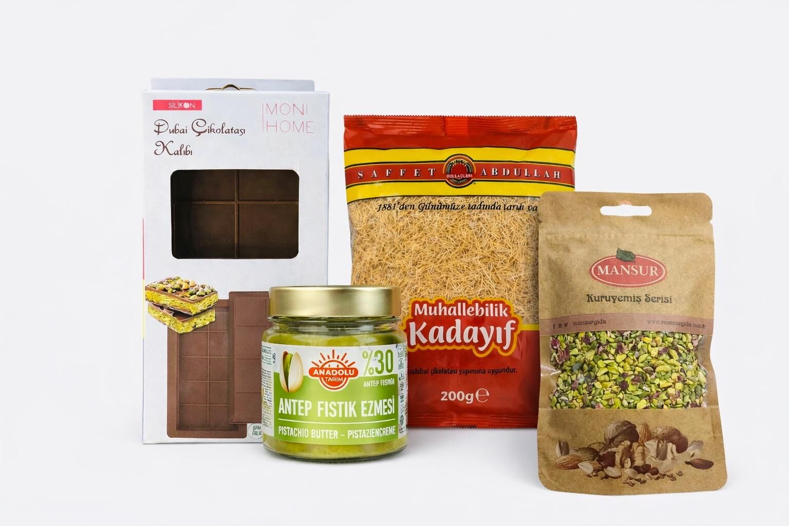 Dubai Çikolatası Seti 3 (Saffet Abdullah Çıtır Kadayıf + Fıstık Ezmesi + Toz Fıstık + Silikon Kılıf)