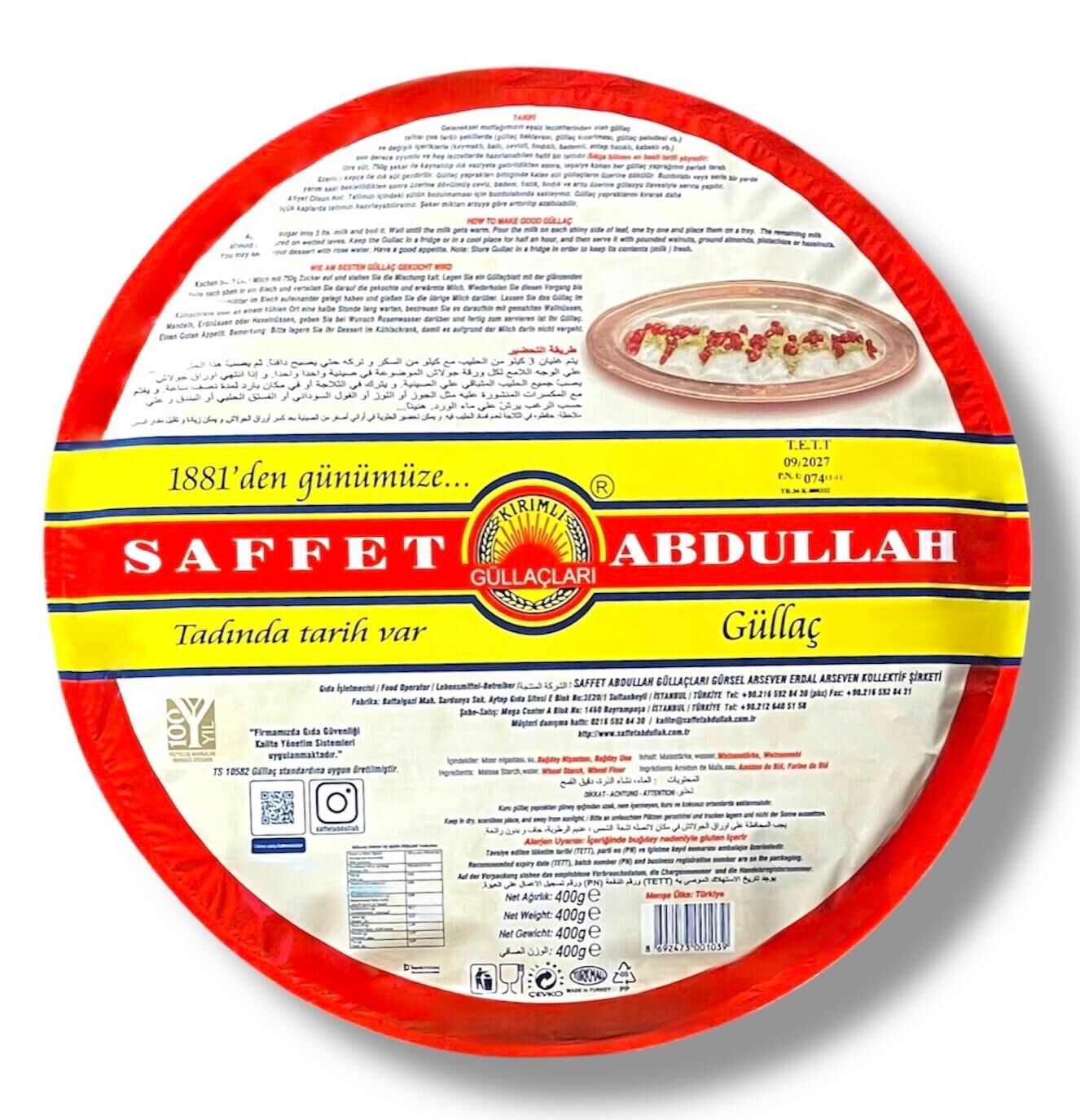 Saffet Abdullah Güllaç Tepsi Ambalaj 400 Gr - 1 Koli (15 Paket)